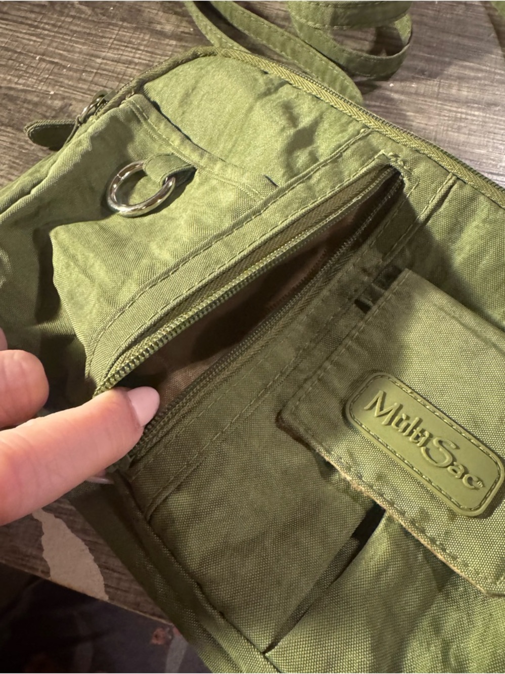 Multi Pocket Crossbody Organizer Travel Bag Olive Green Nylon MultiSac Purse - Picture 11 of 13